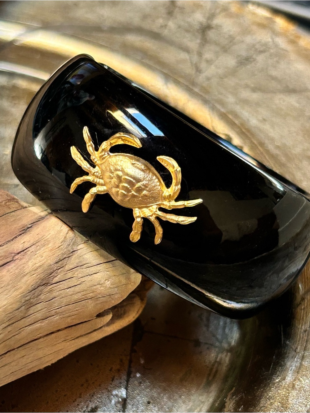 Rare Black Resin Bracelet with Gold Crab Accent Nautical Appeal - Cancer Zodiac